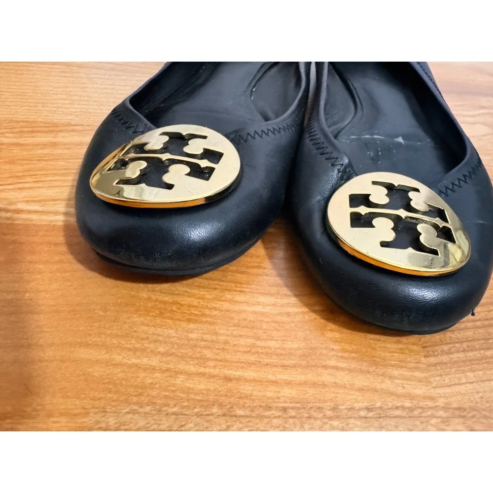 Tory Burch Womens Reva Comfort Ballet Flats Size 6.5 Black Leather Logo Designer